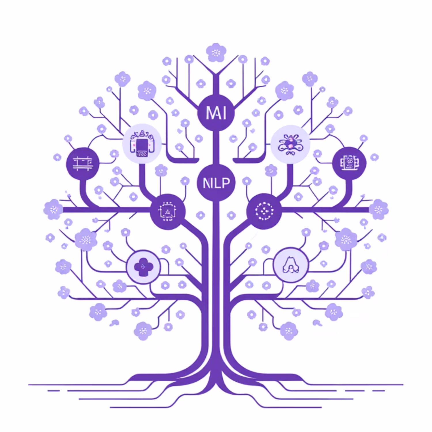 A Graphic of a tree shaped to represent an AI map with ML and NLP and Stuff written. 