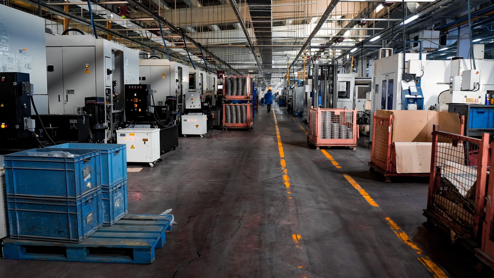 A production floor seen down its main aisle