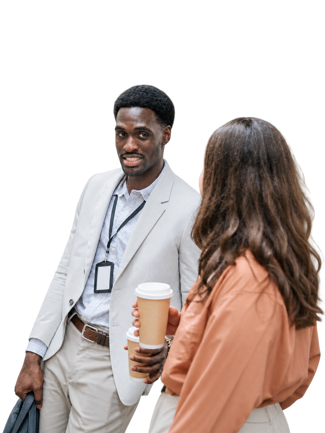 Two colleagues in conversation over coffee