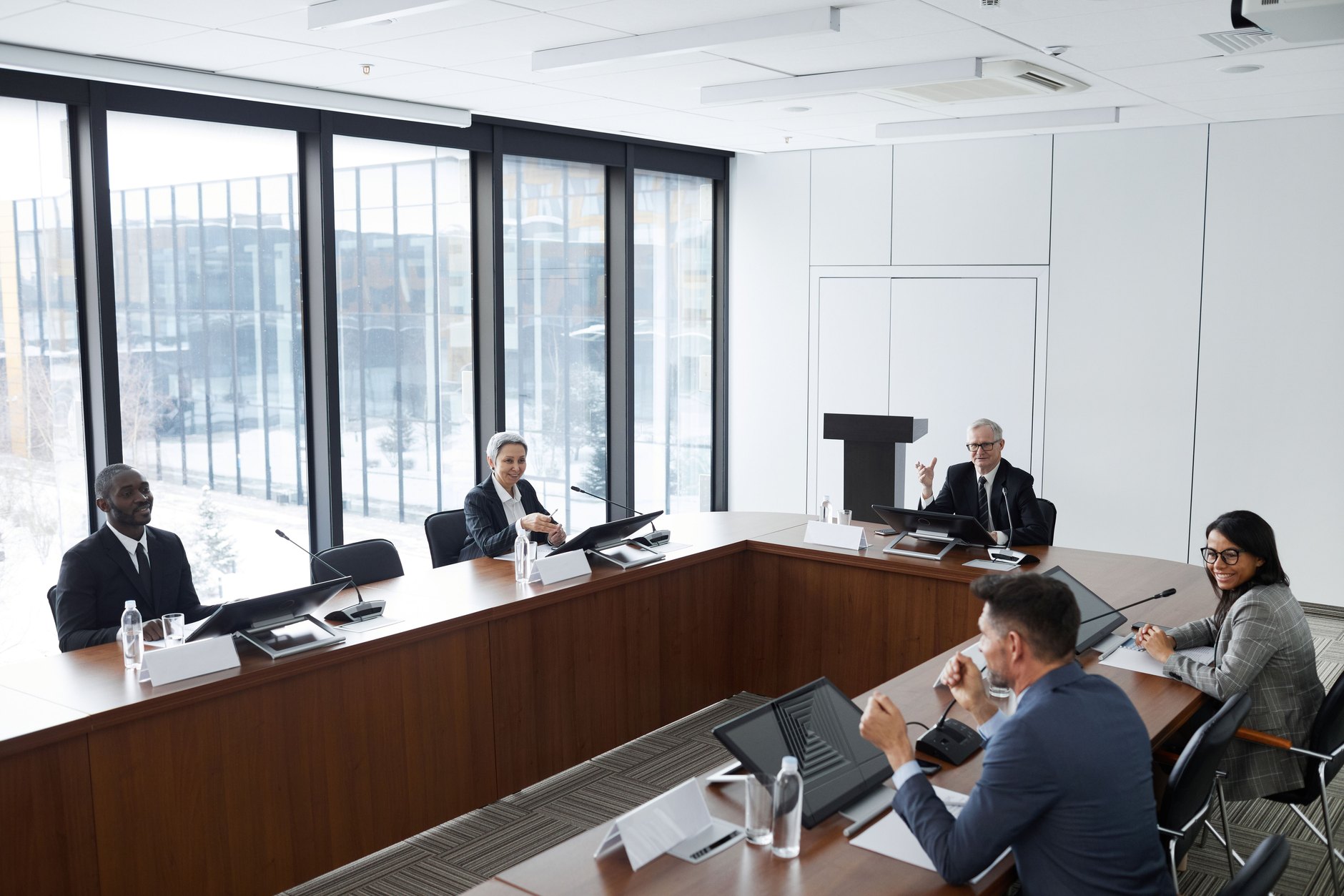 A boardroom set for a meeting
