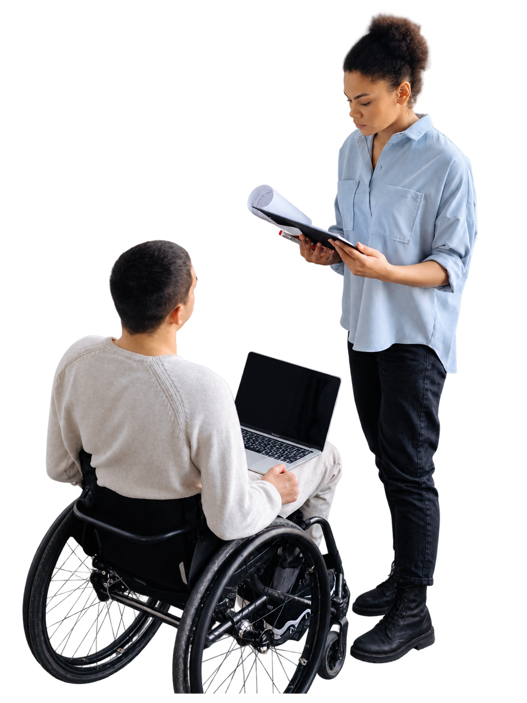 A colleague using a wheelchair working through figures with a colleague