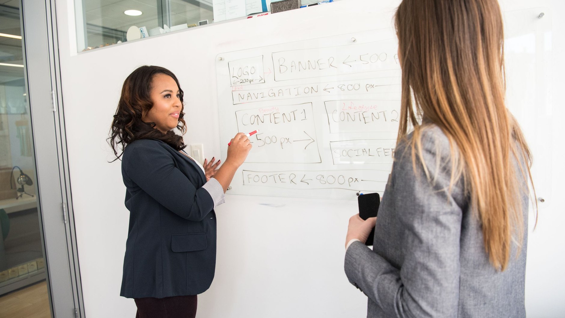 Two colleagues planning a role at a whiteboard