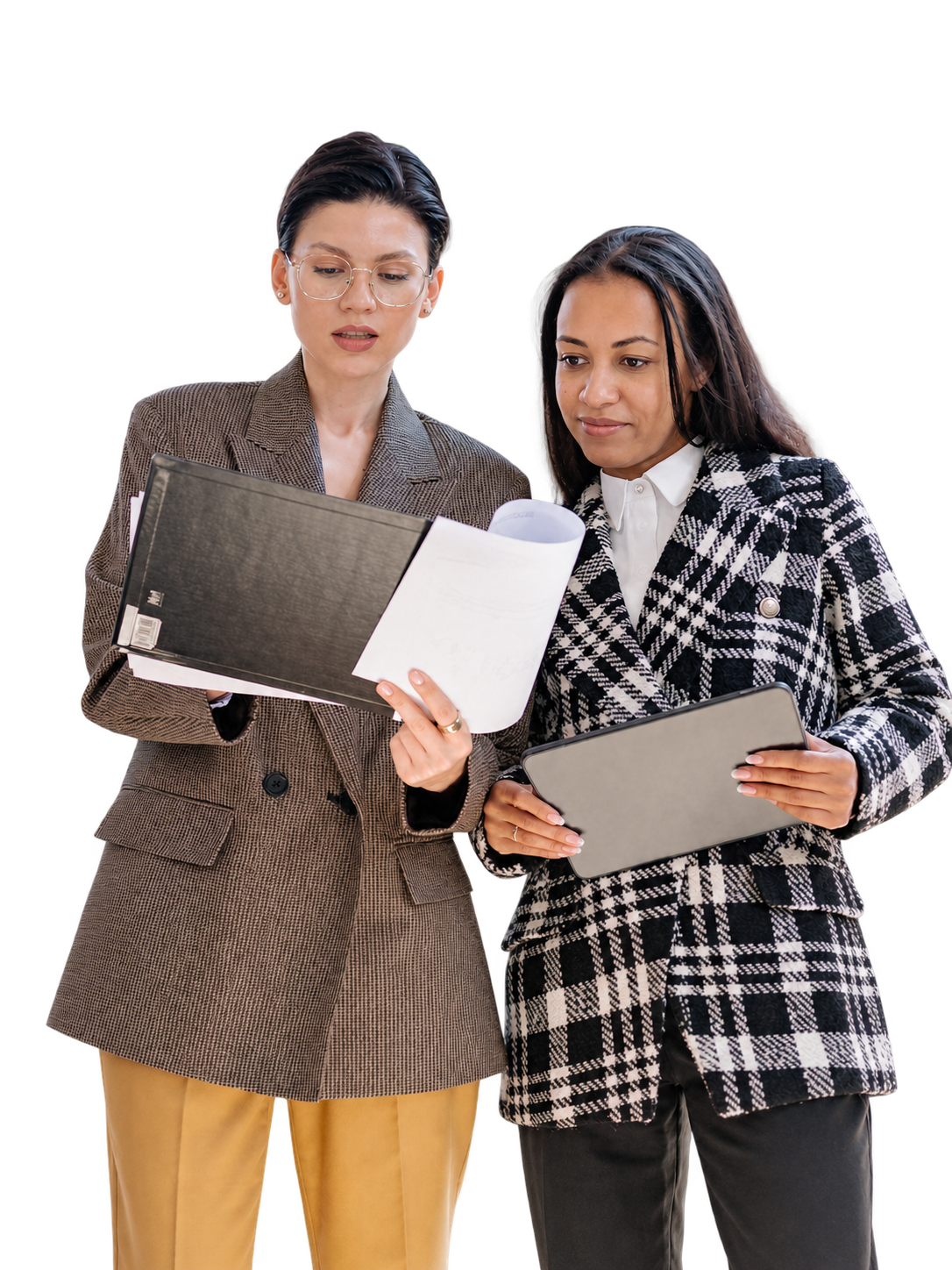 Two colleagues comparing documents