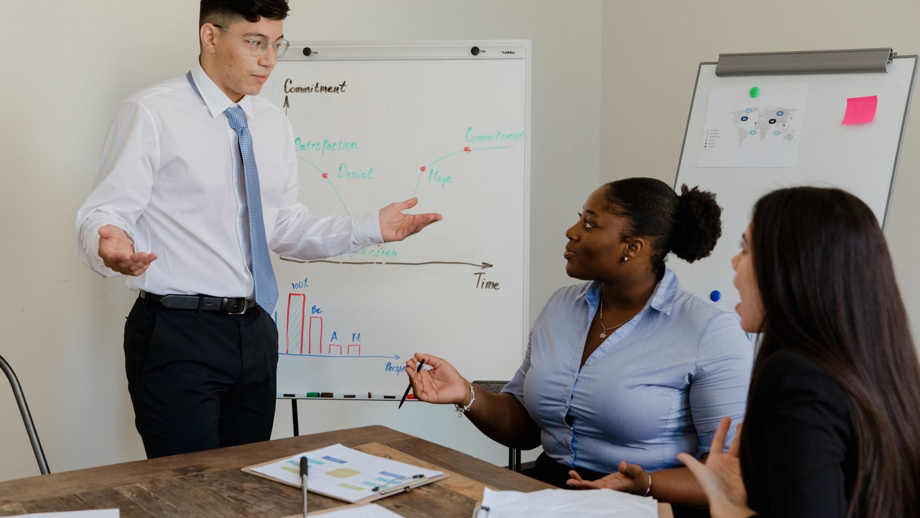 A colleague talking a team through a structure at a whiteboard